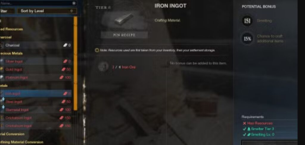 Showing iron ore is required to craft Iron bar