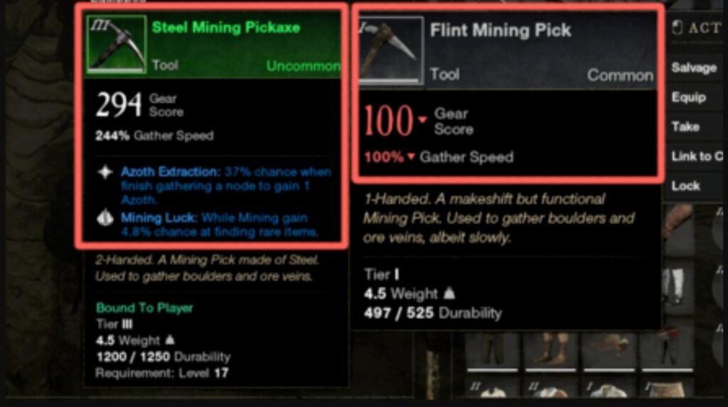 Comparing Steel Pickaxe with Flint Pick in New World: Aeternum