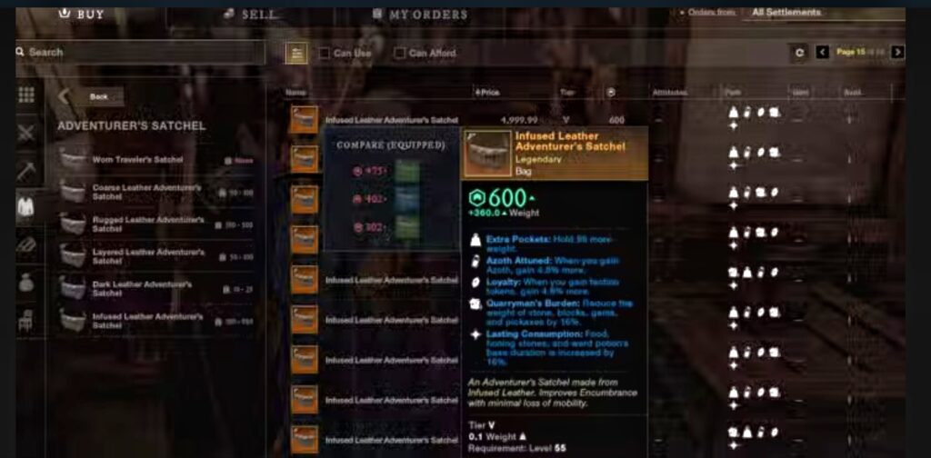 Encumbrance Stats and Encumbrance Related Gear Perks for a High Tier Bag in New World: Aeternum